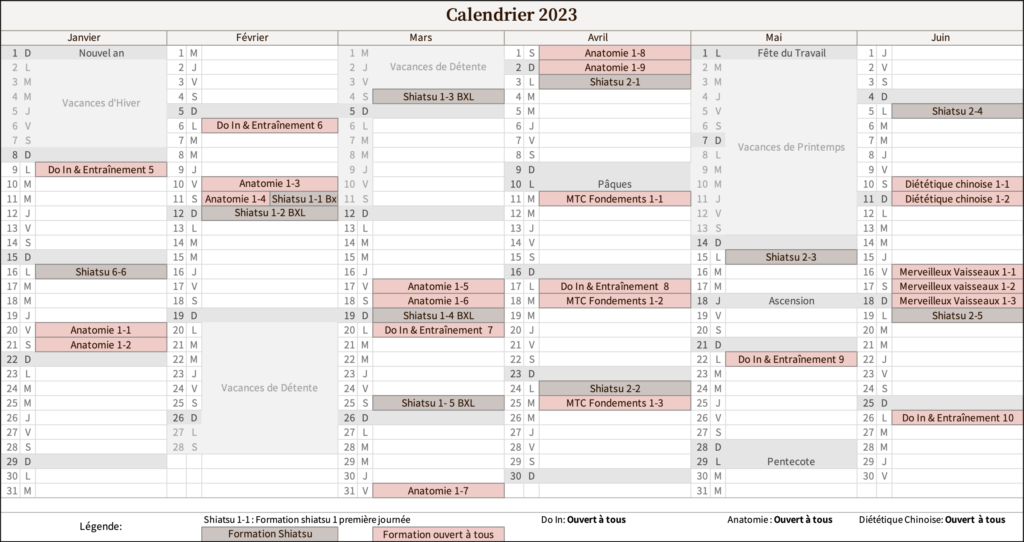 Calendrier 1er semestre 2023